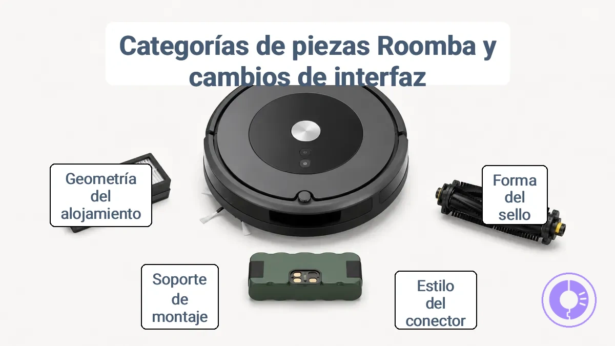 Categorías de piezas de repuesto de Roomba que muestran diferentes interfaces de filtro, cepillo y batería