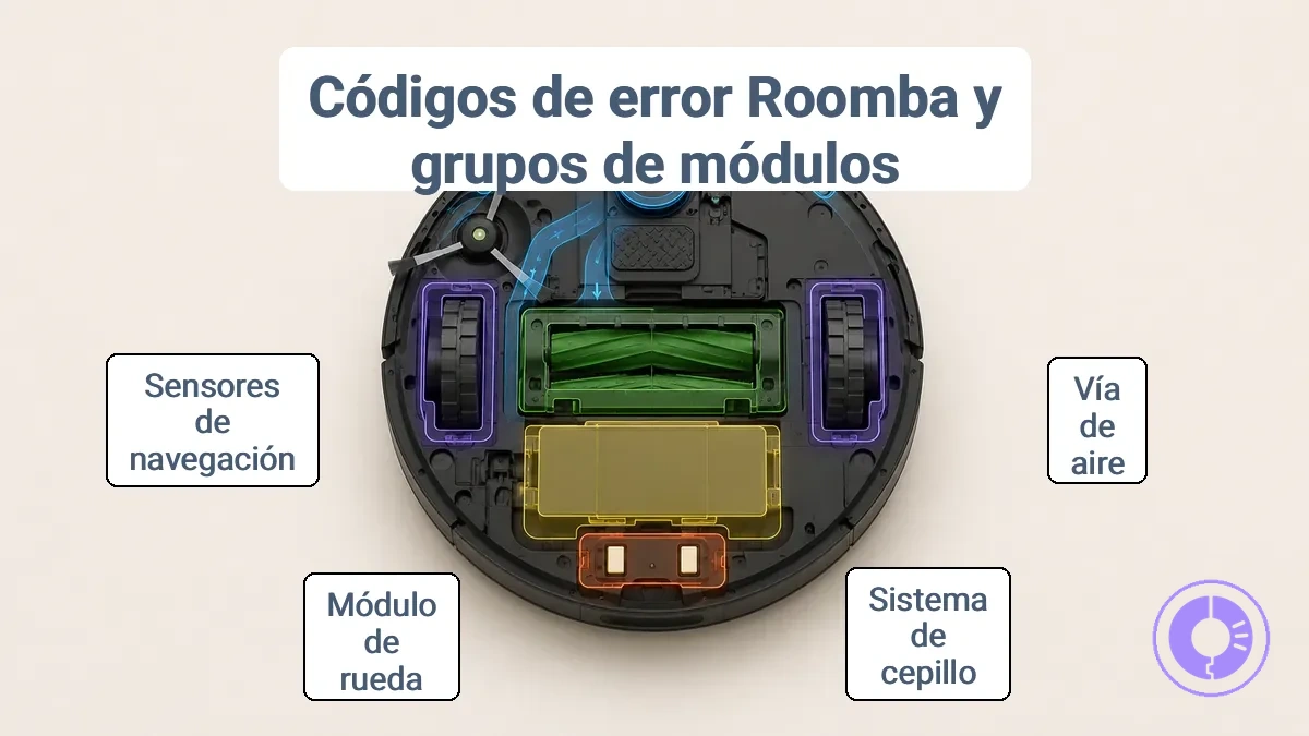 Diagrama anotado de Roomba que etiqueta los módulos reemplazables vinculados a señales de error comunes.