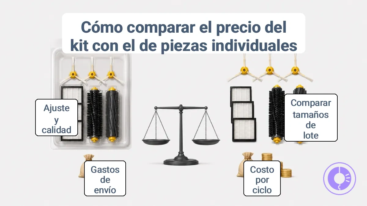 Diagrama que muestra cómo comparar el precio de un kit de piezas para Roomba con piezas individuales usando el tamaño del paquete y el costo por ciclo de reemplazo.