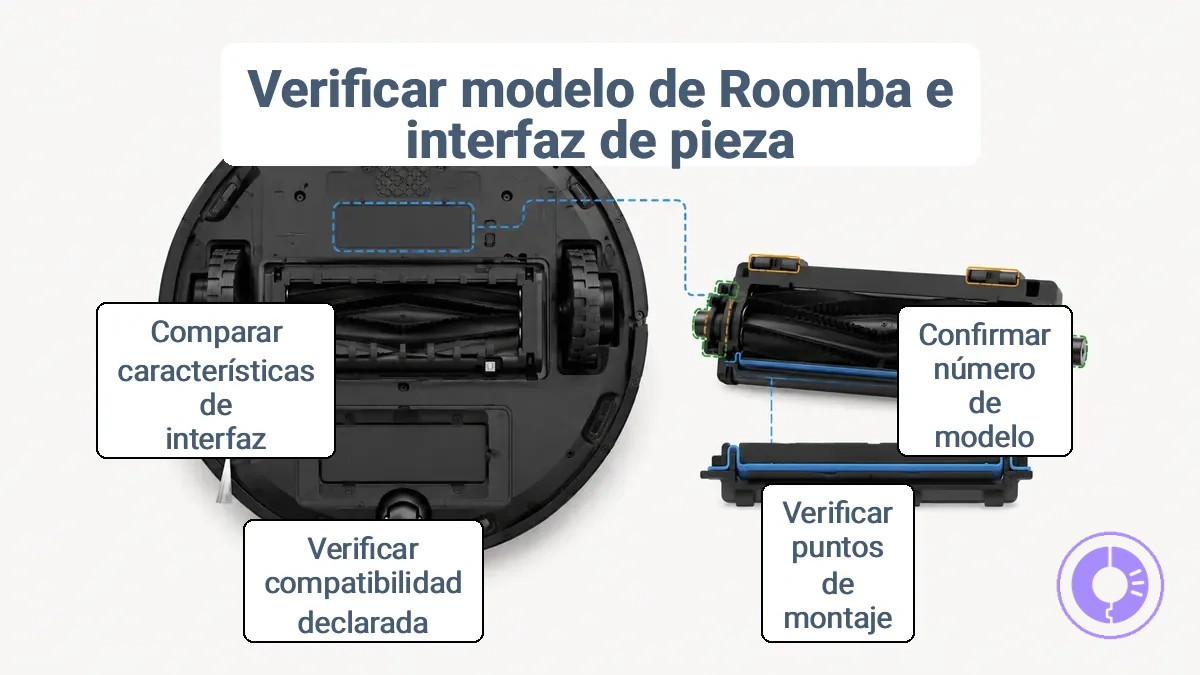 Ubicación de la etiqueta del modelo Roomba y características de la interfaz de la pieza, como puntos de montaje y conectores