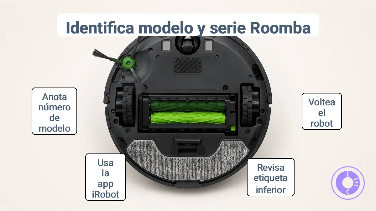 Etiqueta inferior de Roomba que muestra el número de modelo y la marca de la serie