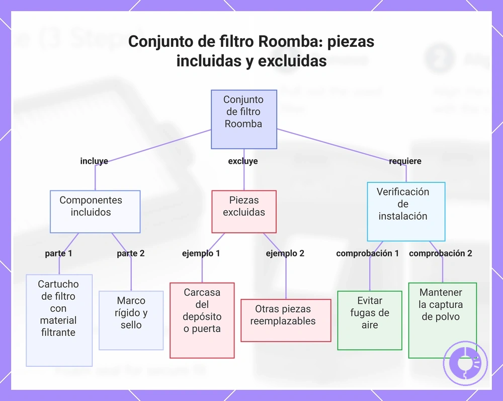 Conjunto de filtro Roomba: piezas incluidas y excluidas