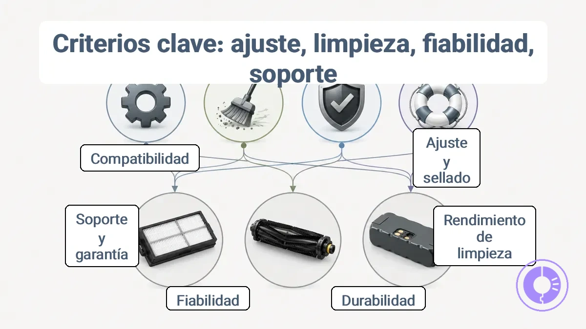 Diagrama que relaciona ajuste, rendimiento de limpieza, durabilidad, fiabilidad y soporte con las categorías de filtro, cepillo o rodillo y batería