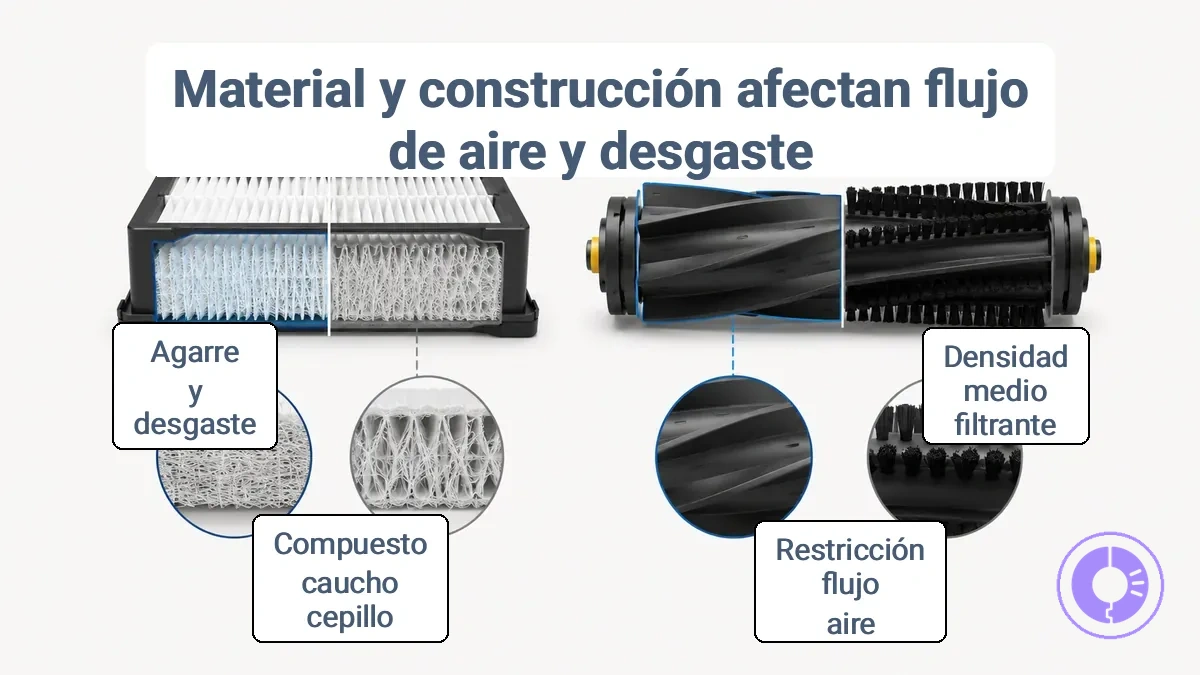 Ilustración que compara la densidad del medio filtrante y las diferencias en el compuesto de caucho del rodillo del cepillo que afectan el flujo de aire y el contacto en una Roomba.