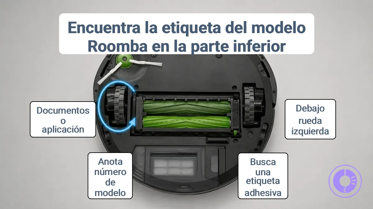 Parte inferior de Roomba que muestra la etiqueta del modelo cerca de la rueda izquierda con un indicador señalando el área de la pegatina.