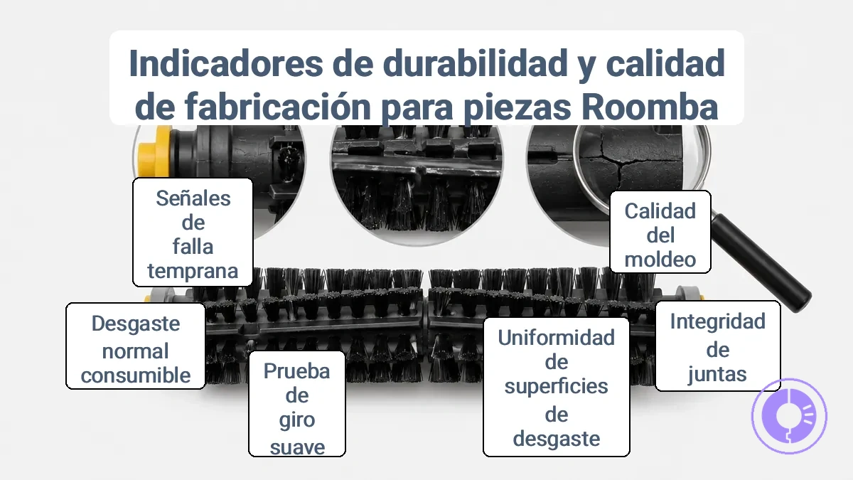 Primer plano anotado que muestra la consistencia del moldeo, la integridad de las costuras y las señales de superficie de desgaste para la durabilidad de piezas de repuesto de Roomba.
