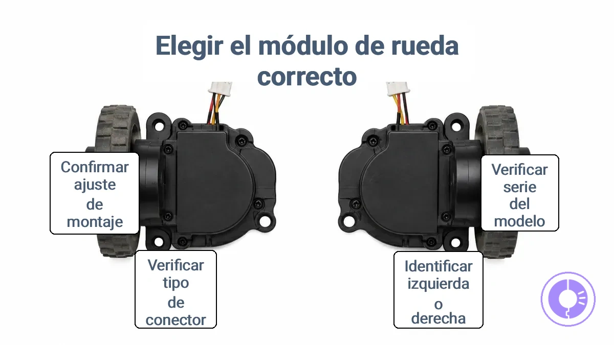 Orientación del módulo de rueda izquierdo y derecho y ubicación del conector para robots Roomba.