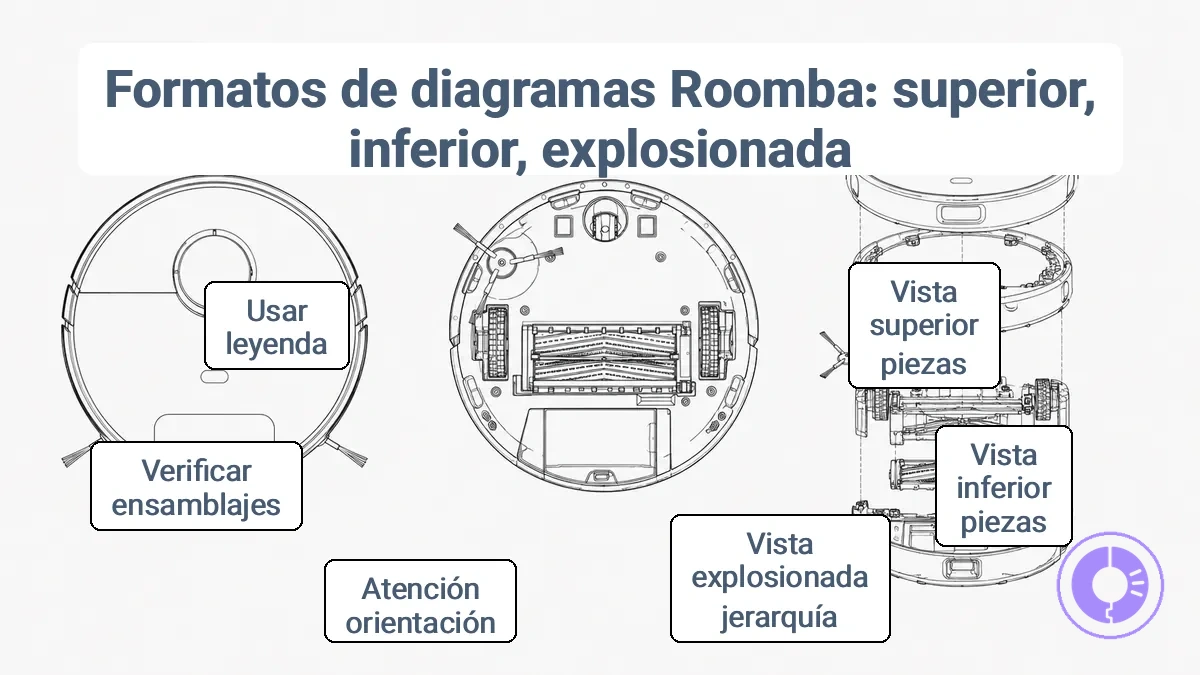 Comparación de los formatos de diagramas de piezas de Roomba: vista superior, vista inferior y vista explosionada.