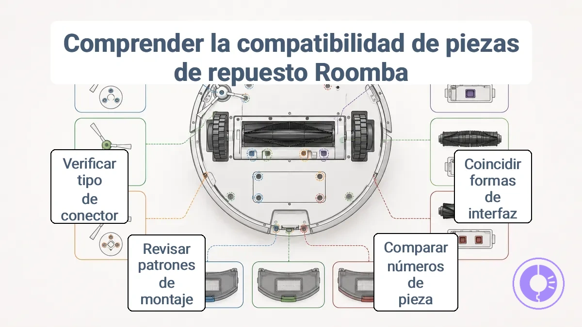Diagrama de compatibilidad de piezas de repuesto para Roomba que muestra puntos de fijación y tipos de conector específicos de cada serie