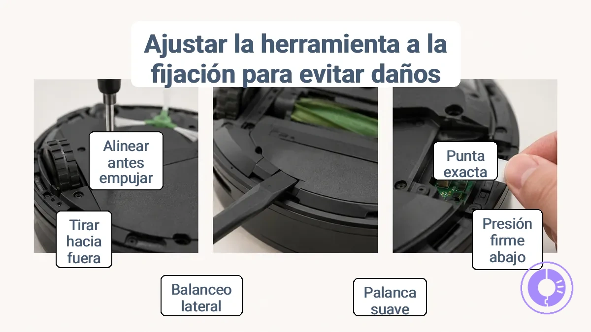 Foto anotada que muestra ejemplos de fijaciones, clips y conectores de Roomba para evitar desgaste o rotura