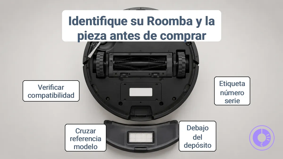 Ubicación de la pegatina del número de serie debajo del depósito de polvo de un aspirador Roomba