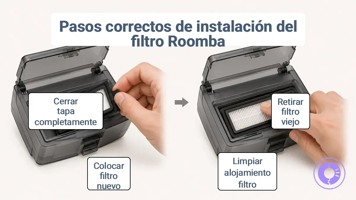 Vista paso a paso de la extracción y el asentamiento nivelado de un filtro de repuesto de Roomba para un sello hermético.
