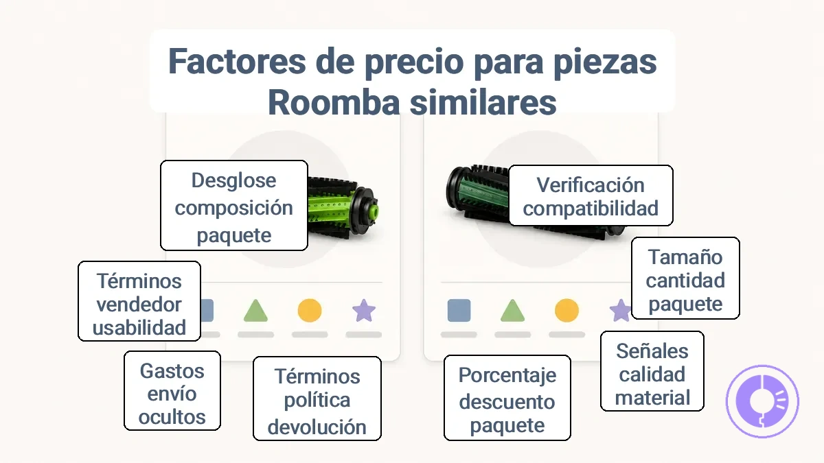 Ejemplo anotado que muestra los campos clave del anuncio que determinan las comparaciones de costo-valor de piezas Roomba.