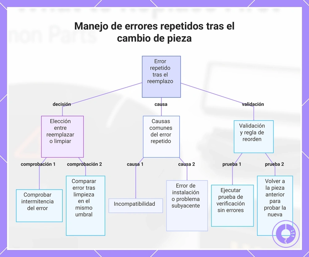 Manejo de errores repetidos tras el cambio de pieza