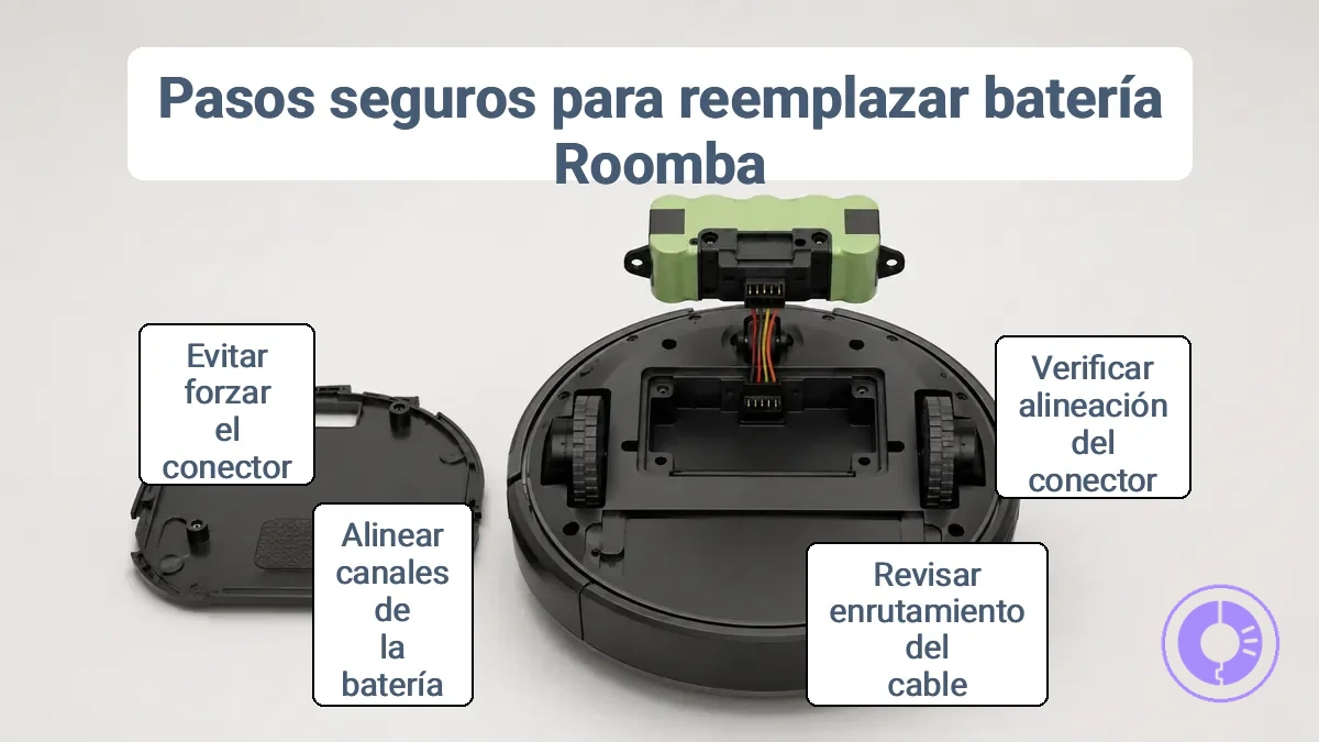 Pack de batería Roomba con alineación del conector y compartimento visible para extracción e instalación seguras