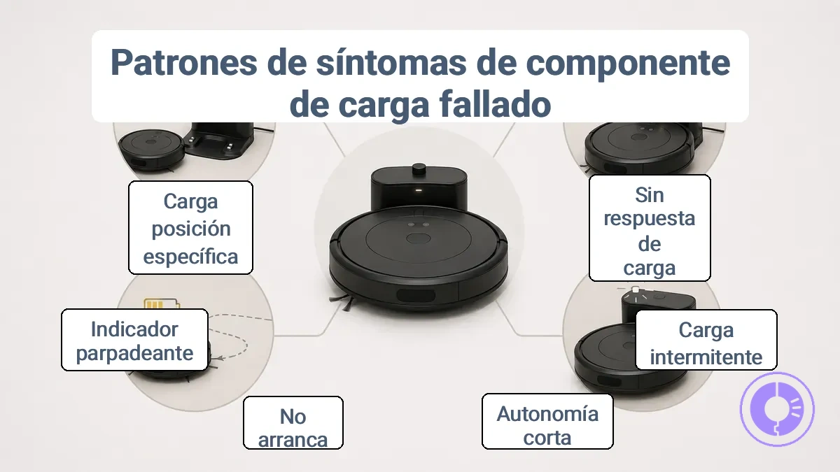 Diagrama que relaciona los síntomas de carga de Roomba con las piezas de carga probablemente averiadas.