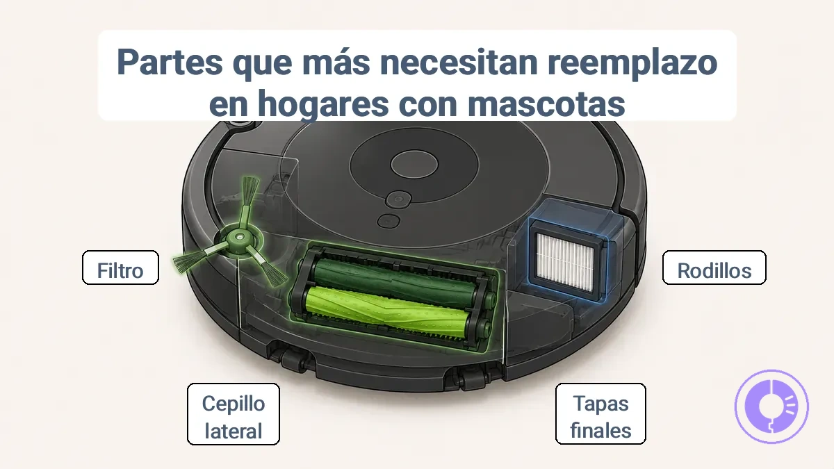 Diagrama anotado que muestra las ubicaciones de los rodillos, el cepillo lateral y el filtro de la Roomba para el mantenimiento con pelo de mascota