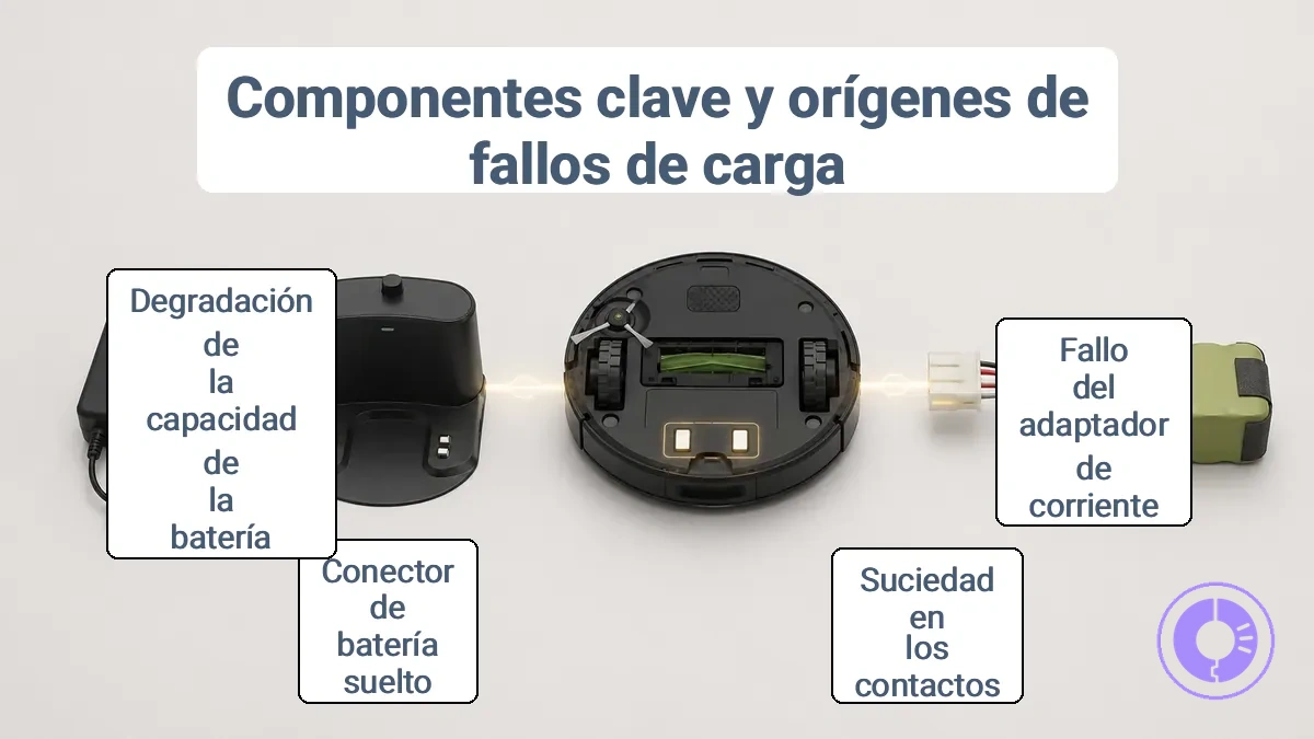Piezas del sistema de carga de Roomba anotadas: base, contactos y conexión de la batería.