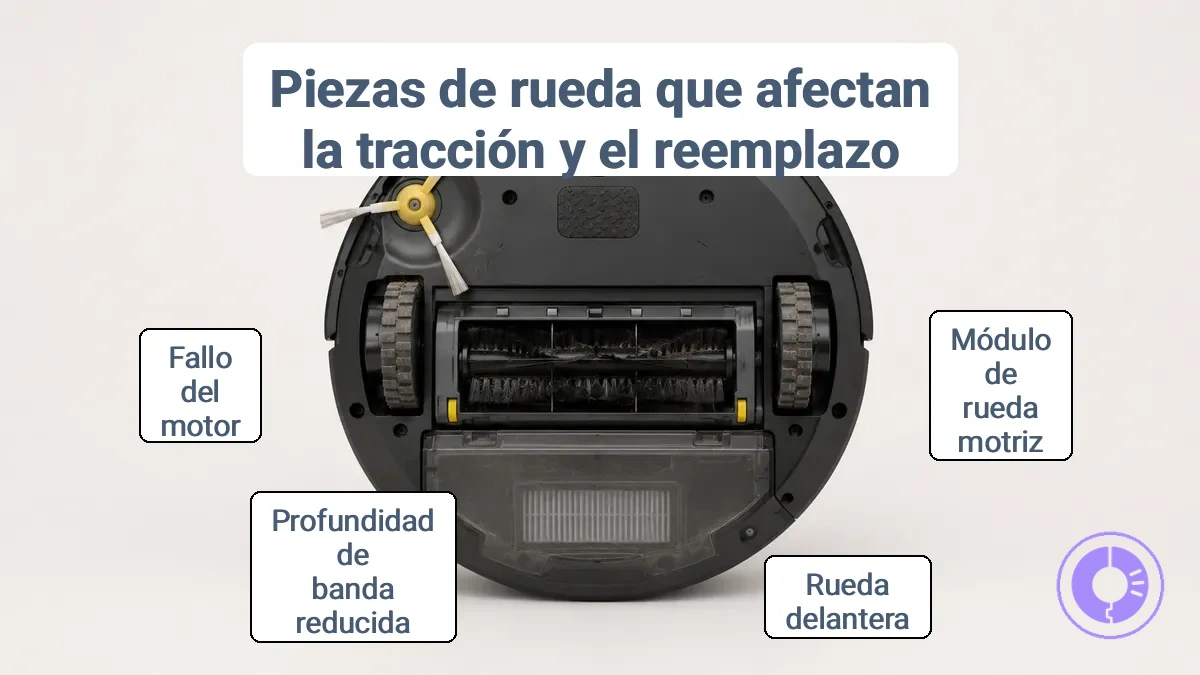 Diagrama que etiqueta el módulo de rueda motriz y la rueda loca delantera en un Roomba