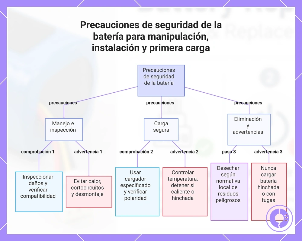 Precauciones de seguridad de la batería para manipulación, instalación y primera carga