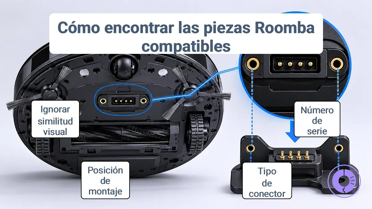 Ubicación de la etiqueta de modelo/serie de Roomba y puntos clave de ajuste para comparar la compatibilidad de piezas de repuesto