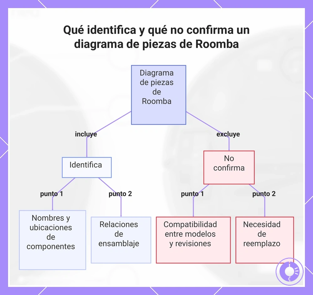 Qué identifica y qué no confirma un diagrama de piezas de Roomba