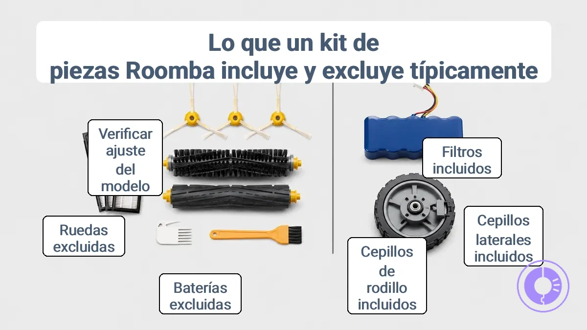 Ejemplo anotado de piezas de repuesto comunes para Roomba incluidas en un kit típico y notas sobre artículos que pueden excluirse.