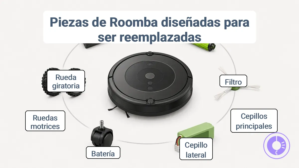 Diagrama que muestra piezas de repuesto comunes de Roomba, incluidos filtro, cepillos, cepillo lateral, ruedas y batería, con etiquetas para cada ubicación
