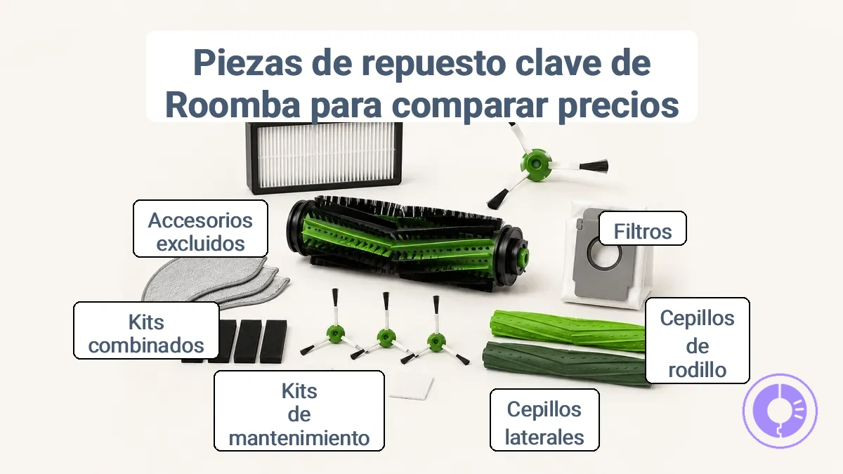 Imagen anotada que señala las categorías de piezas de repuesto de Roomba para comparar precios.