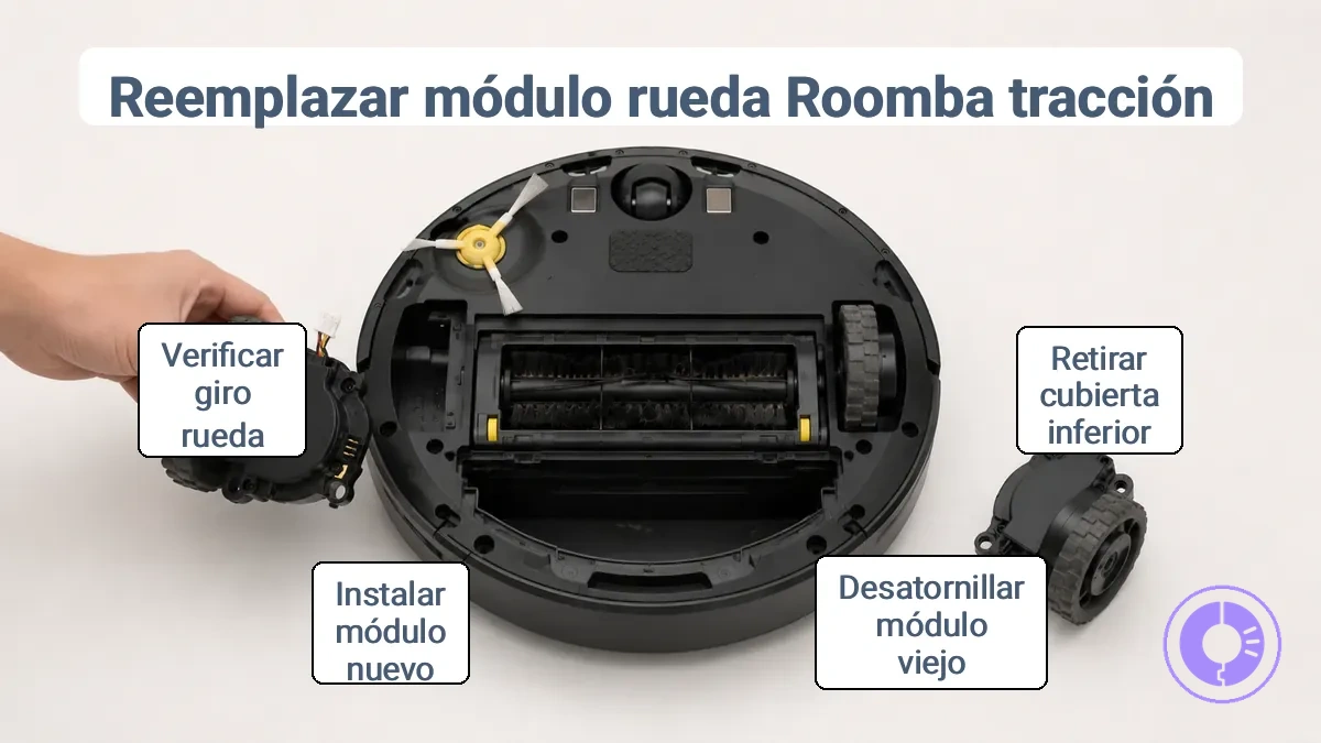 Parte inferior de un Roomba que muestra el alojamiento del módulo de rueda y los puntos de acceso