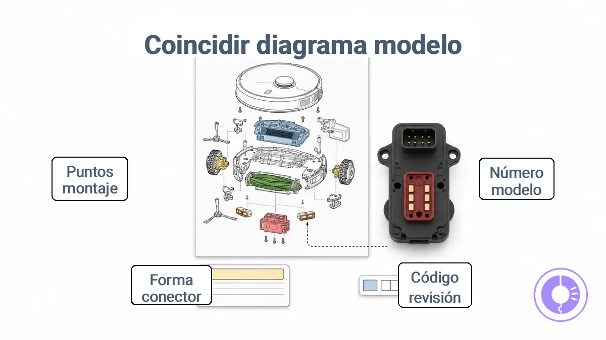 Área de etiqueta de Roomba anotada e indicaciones de forma del conector utilizadas para relacionar un diagrama de piezas con el modelo y revisión correctos; la revisión varía según el lote de producción.