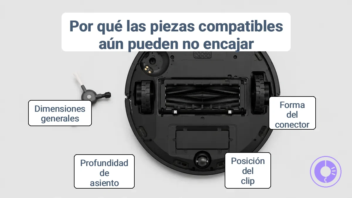 Pieza de repuesto de Roomba que muestra la alineación del conector y el clip para verificar el ajuste