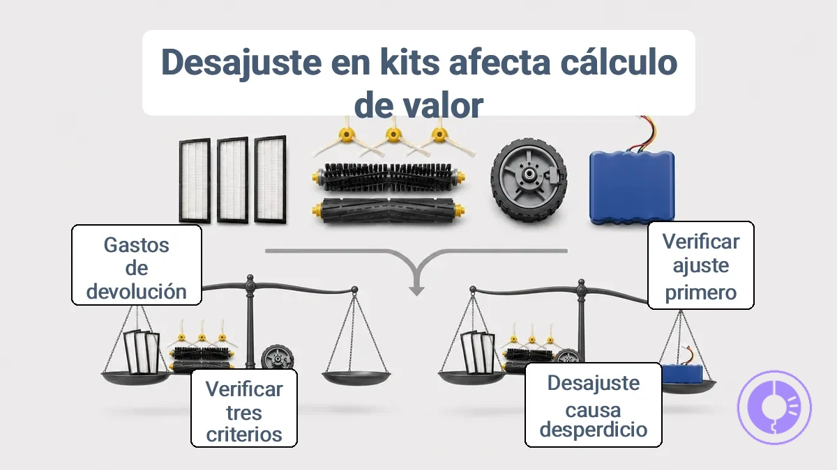 Diagrama que muestra cómo el riesgo de compatibilidad de los kits de piezas para Roomba puede convertir el ahorro en desperdicio cuando la versión de la pieza no se ajusta al modelo.