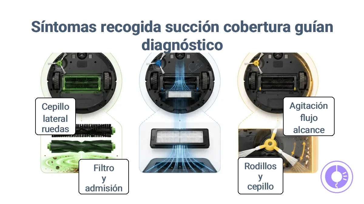 Diagrama que compara los síntomas de recogida, succión y cobertura. En recogida: rodillos y agitación; en succión: filtro y flujo de aire; en cobertura: cepillo lateral y alcance.