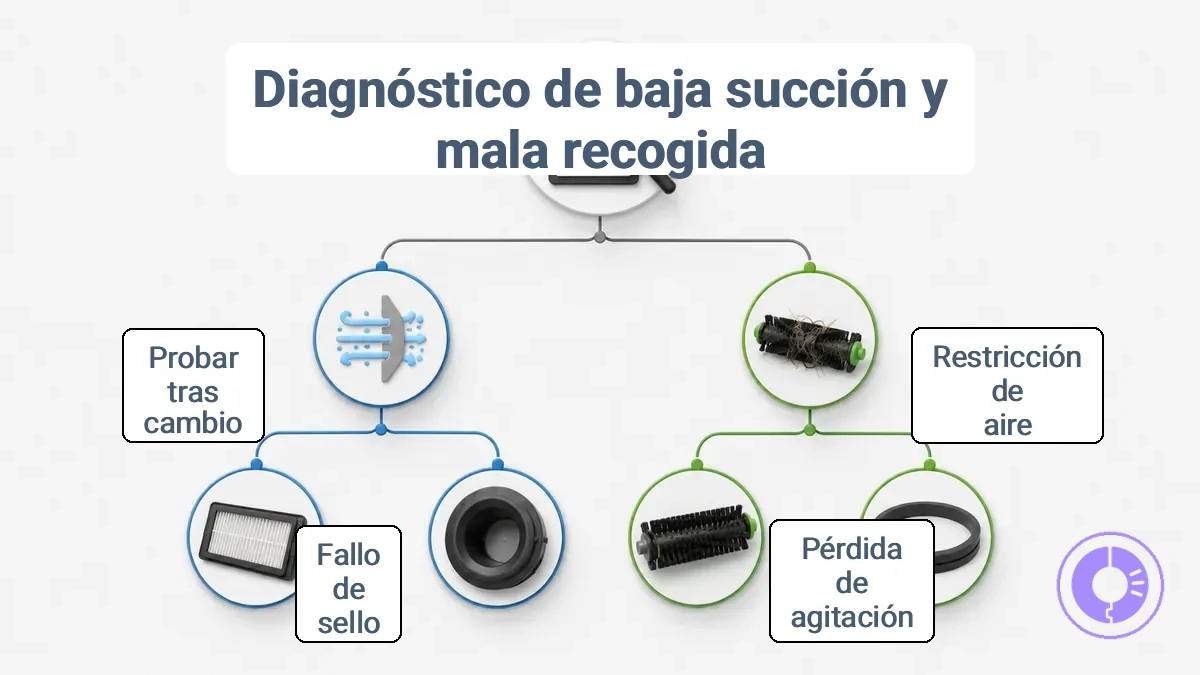 Diagrama de flujo de diagnóstico que muestra síntomas de succión baja y mala recogida que se ramifican a los atributos de flujo de aire o agitación y conducen a las familias de piezas de filtro, rodillo o sellos con una indicación de verificar primero.