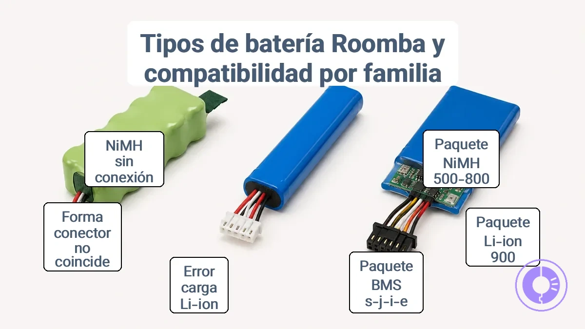 Conector y compartimento de pack de batería Roomba que muestran indicaciones de ajuste