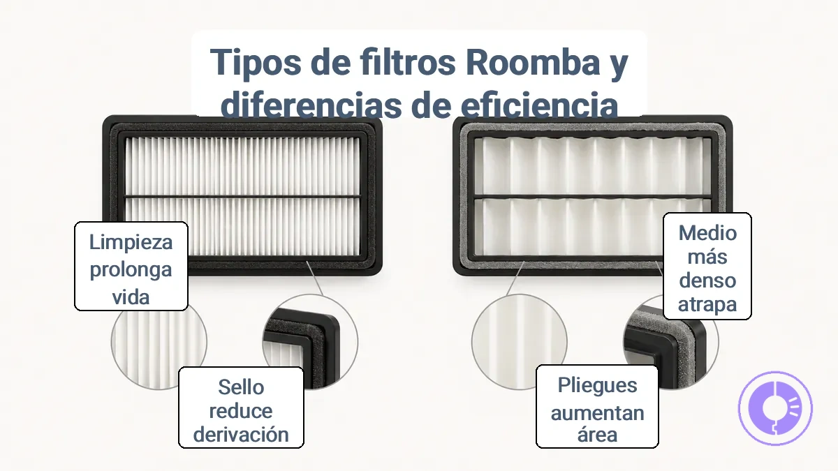 Comparación de tipos de filtros de repuesto de Roomba que muestra la densidad del medio, los pliegues y el borde sellador del marco.