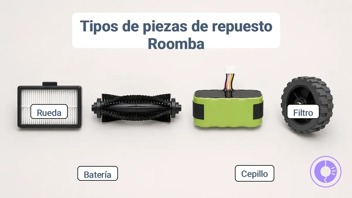 Categorías de piezas de repuesto para Roomba: filtro, cepillo, batería y rueda