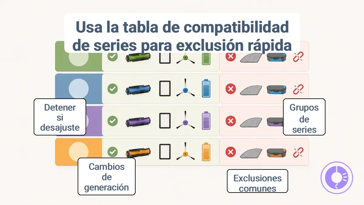 Gráfico de compatibilidad por serie para piezas de repuesto de Roomba que muestra grupos de series y exclusiones comunes
