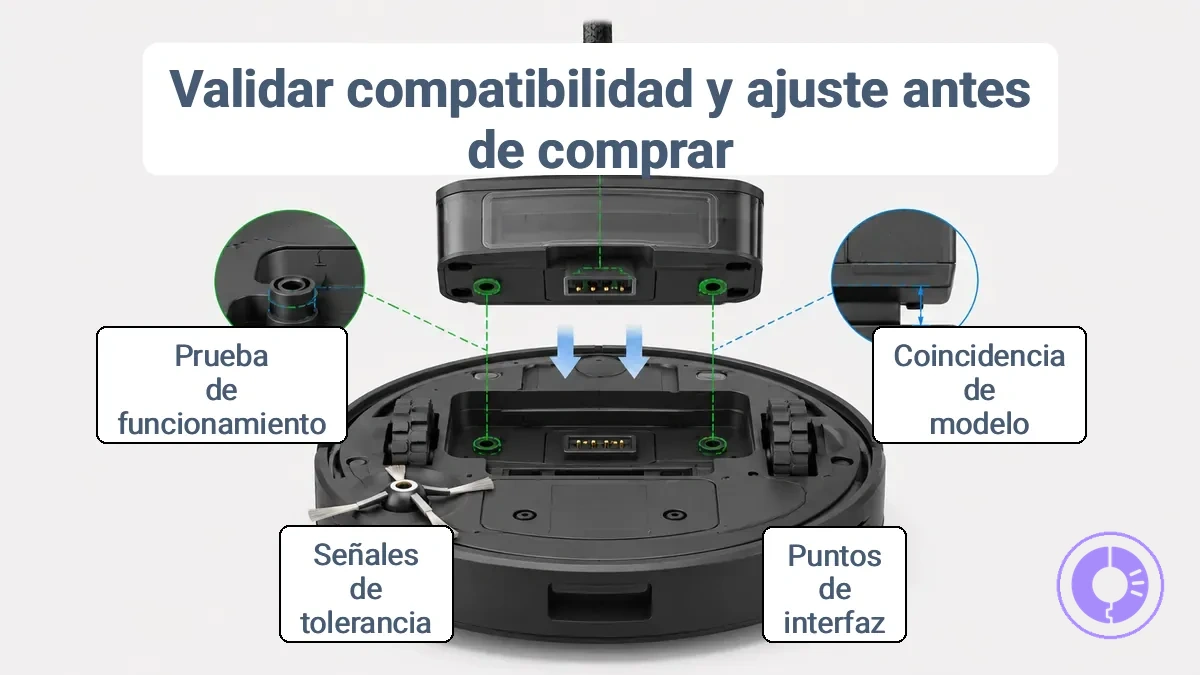 Interfaz de pieza de Roomba anotada que muestra la alineación del conector, los puntos de montaje y las señales de holgura para la validación del ajuste.