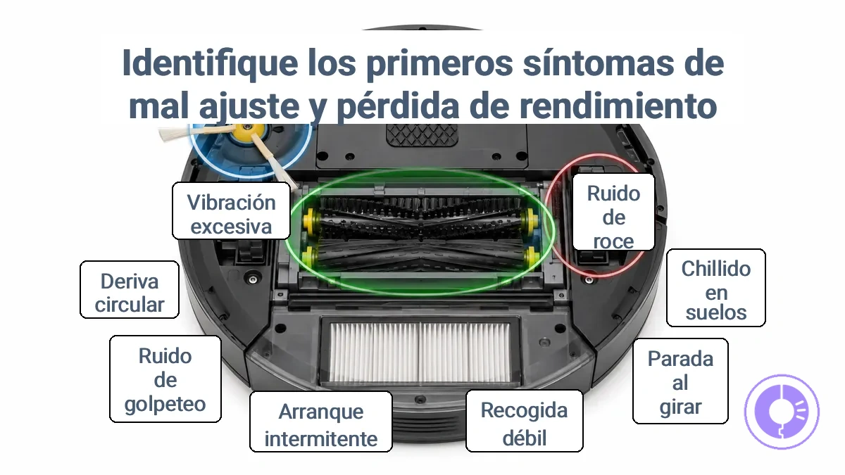Roomba anotado que muestra dónde los síntomas tempranos posteriores a la instalación indican problemas de ajuste o holgura.