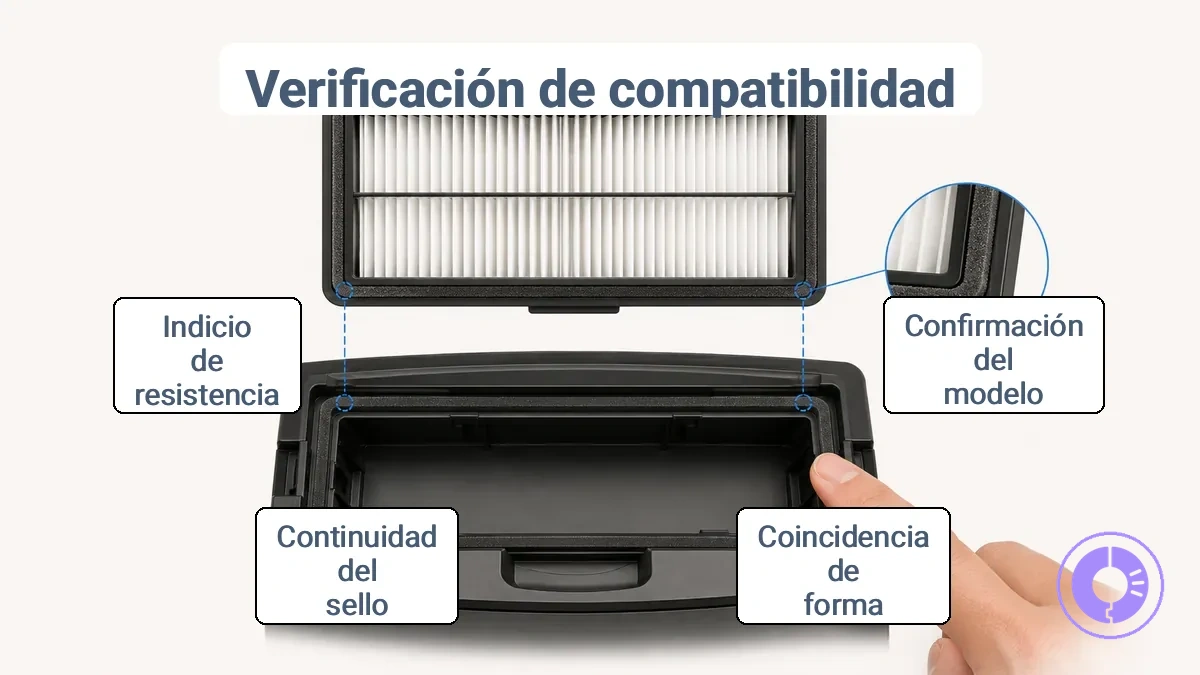 Diagrama que muestra la coincidencia de la forma del filtro de Roomba, los puntos de contacto y la alineación del sello en el alojamiento.