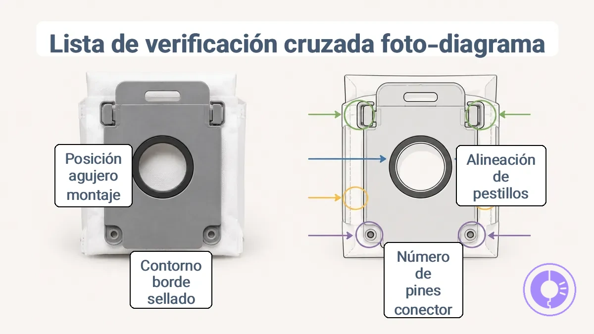 Comparación lado a lado de la foto de la pieza de repuesto con el diagrama que muestra los puntos de verificación del pestillo, conector y borde del sello