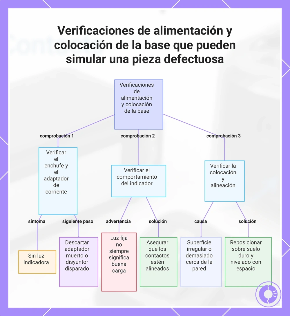 Verificaciones de alimentación y colocación de la base que pueden simular una pieza defectuosa