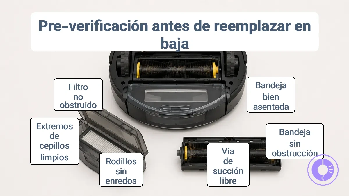Diagrama anotado que muestra un depósito correctamente colocado, un punto de obstrucción visible en la vía de succión y un área de rodillos con enredos de cepillo, con etiquetas simples para cada punto de verificación.