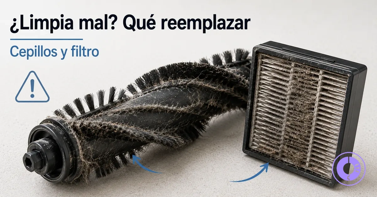 Cepillos y filtro de Roomba desgastados mostrados como repuestos para mejorar limpieza