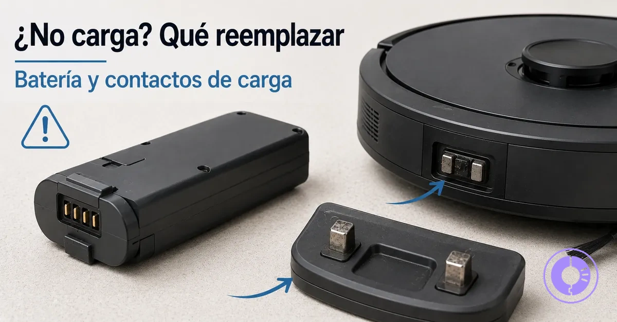 Batería y contactos de carga de Roomba mostrados como repuestos para problemas de carga
