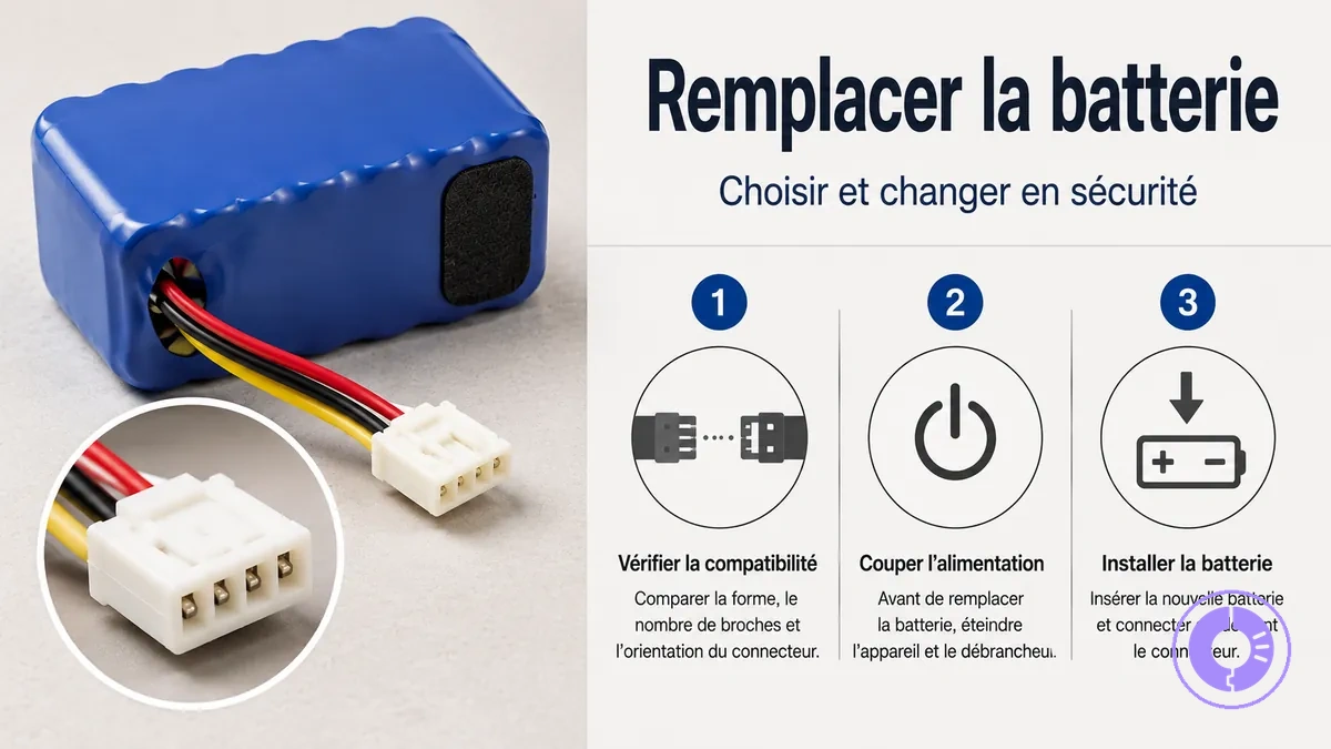 Batterie de rechange Roomba avec détail du connecteur pour un montage sûr