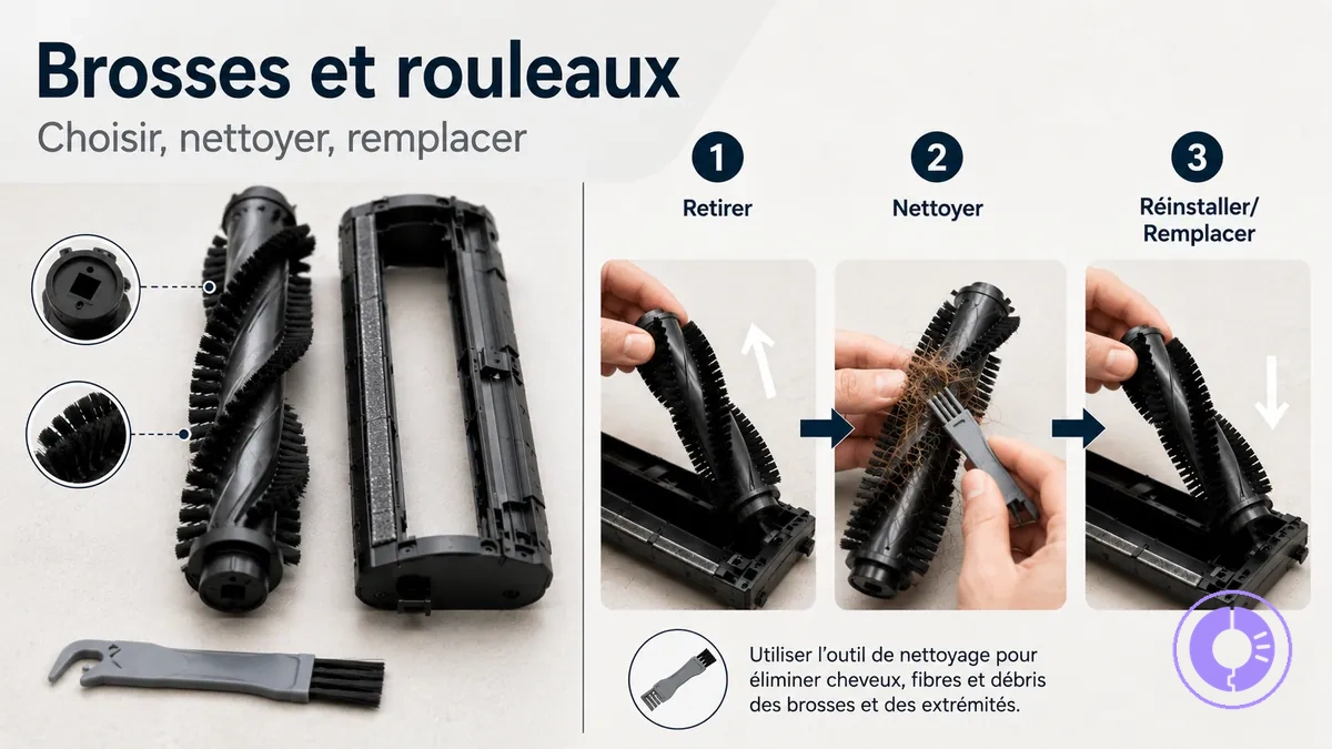 Brosse-rouleau Roomba et bloc brosses, avec étapes de nettoyage et de remplacement