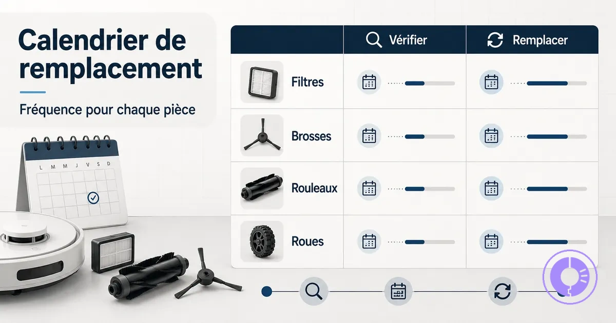 Tableau de remplacement des pièces Roomba courantes comme filtres et brosses